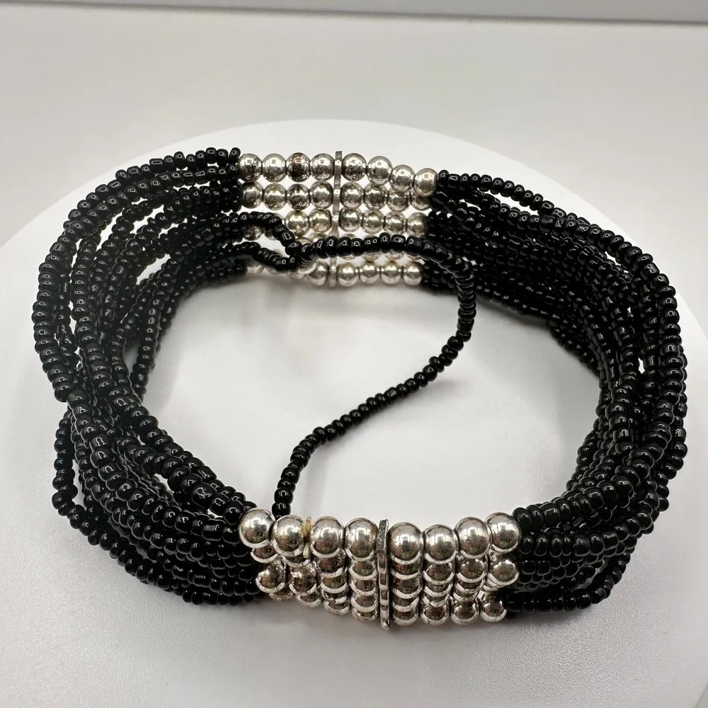 Vintage Y2K Black Beaded Multi-Strand Bracelet Silver‎ Tone Statement Jewelry
